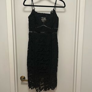 Black Bardot floral overlay midi dress with keyhole back